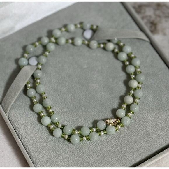 NOS 14K Gold GSJ Signed Jade Pearl Peridot 24in Beaded Necklace - Picture 9 of 10